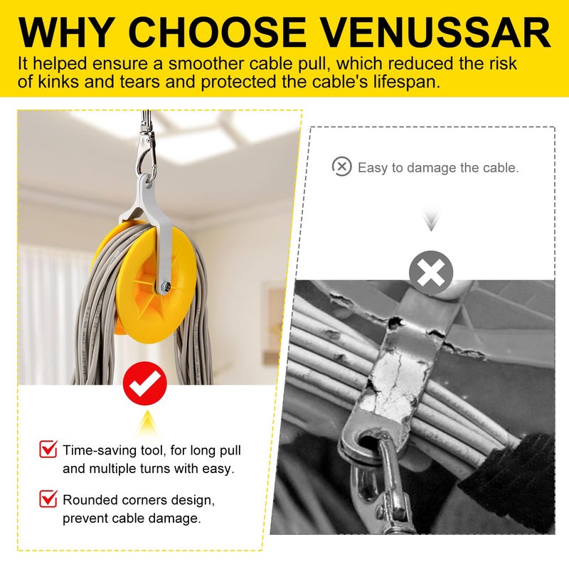 Venussar 2 Pack Cable Pulley Set, Cable Installation Pulley with Carabiner, Holds up to 20 CAT5 & 6, Wire Pulling Tools for Low Voltage Electrical, Network, Coax Cables - Image 3
